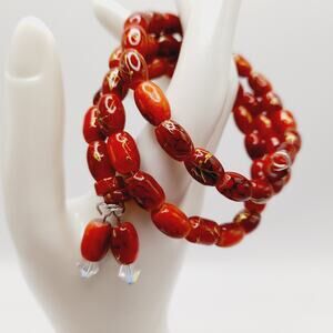 Vintage Asian Bead Memory Wire Bracelet Red Glass Gold Accents Handmade Jewelry